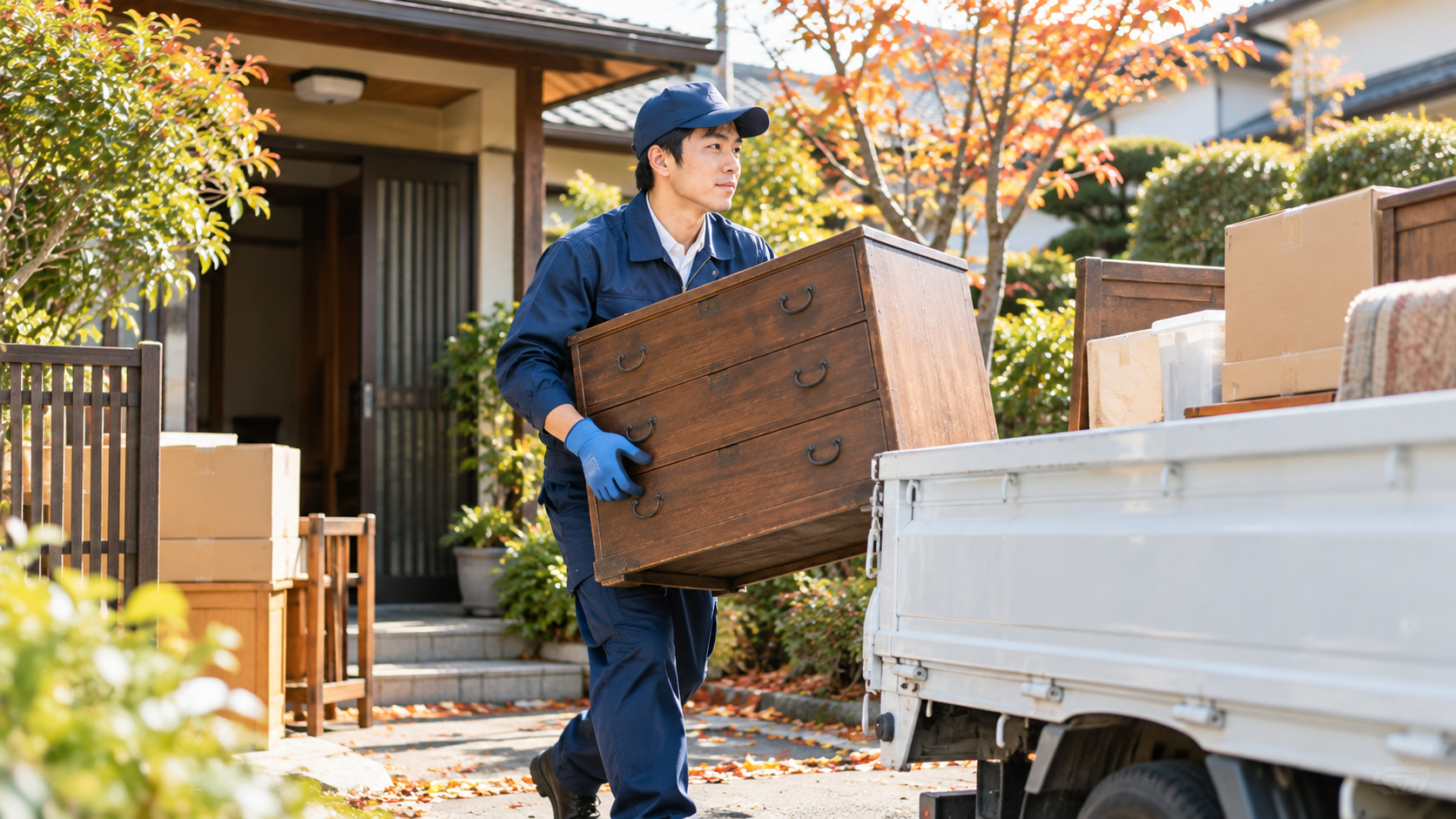 秋の玄関先で、作業員が古いタンスをトラックへ運び込む不用品回収のイメージ