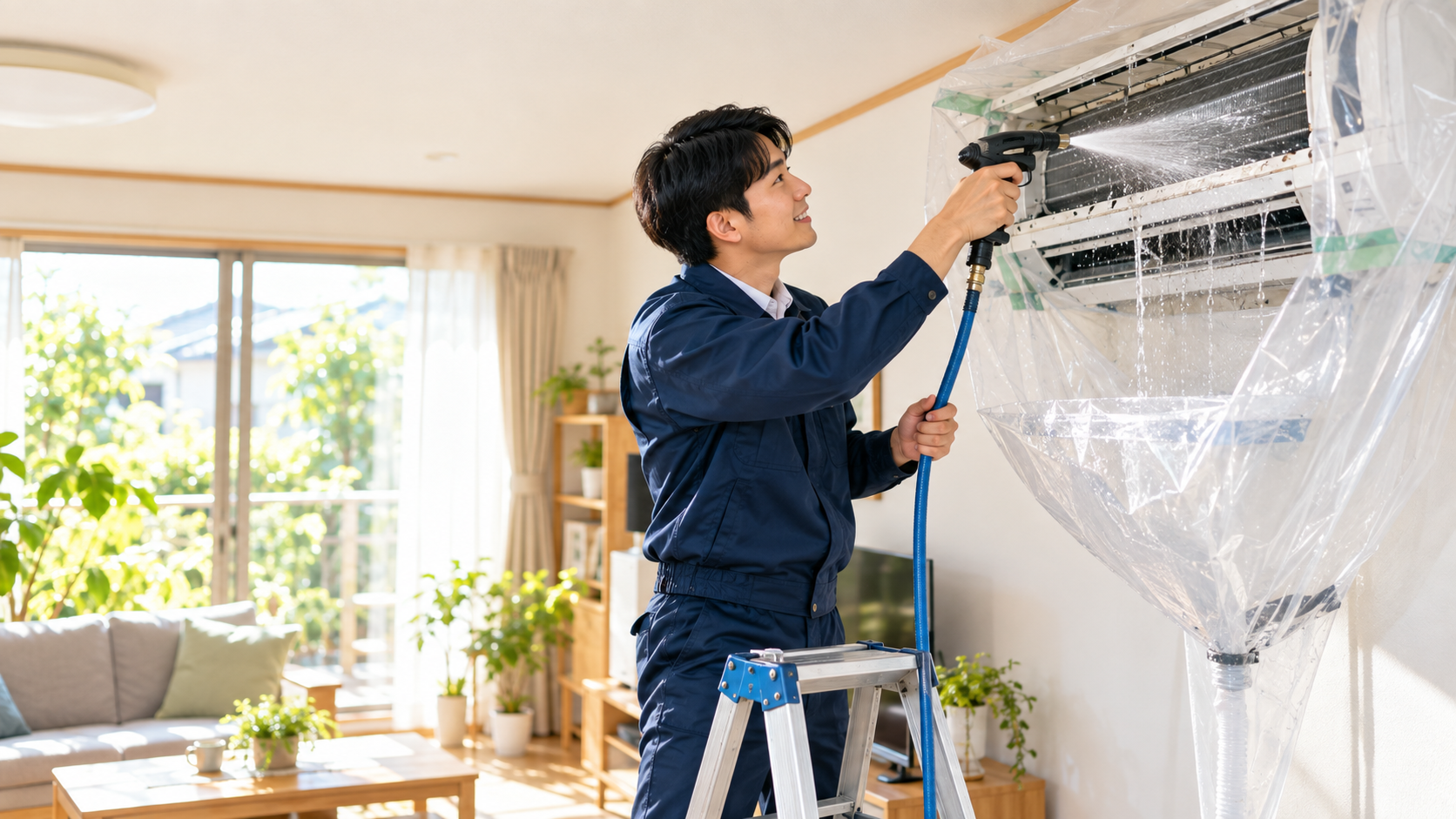 明るいリビングで、作業員が壁掛けエアコンの内部を洗浄しているイメージ