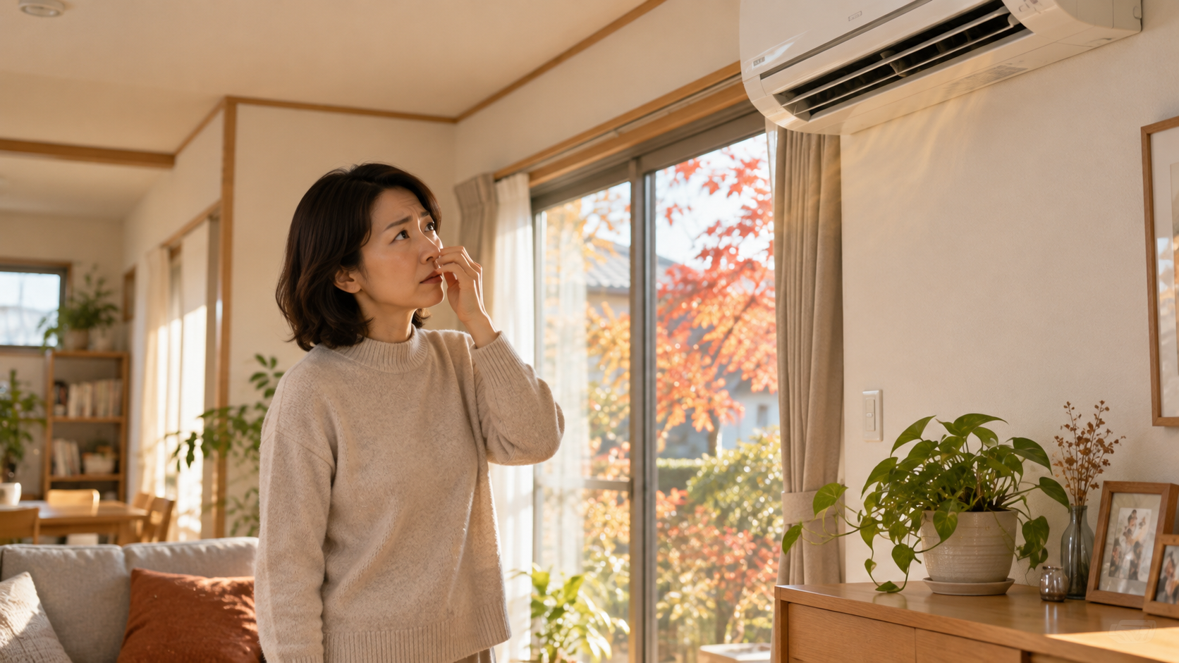 暖房をつけたエアコンを見上げて、においが気になる女性のイメージ