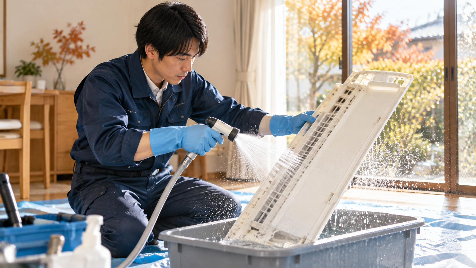 エアコンのカバーを洗浄する作業員のイメージ