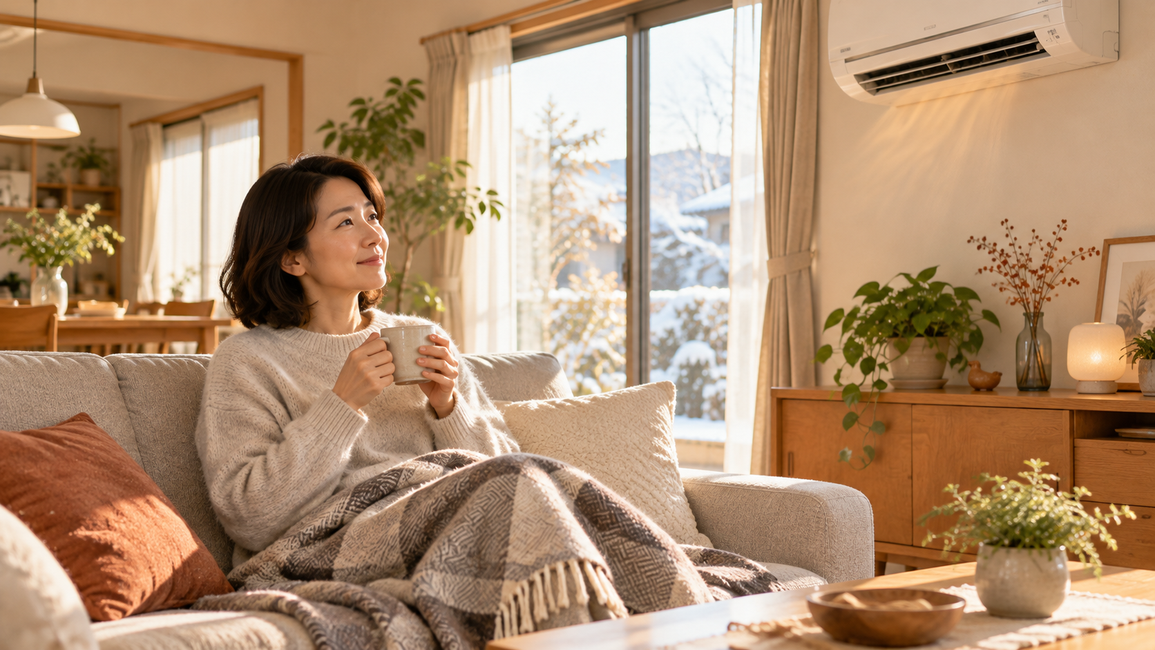 暖かなリビングでくつろぐ女性のイメージ